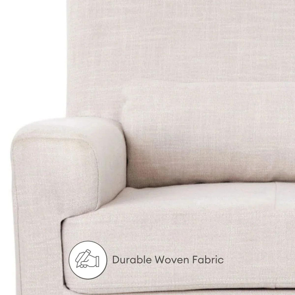 Oat woven fabric armrest and seat cushion on an upholstered rocking chair