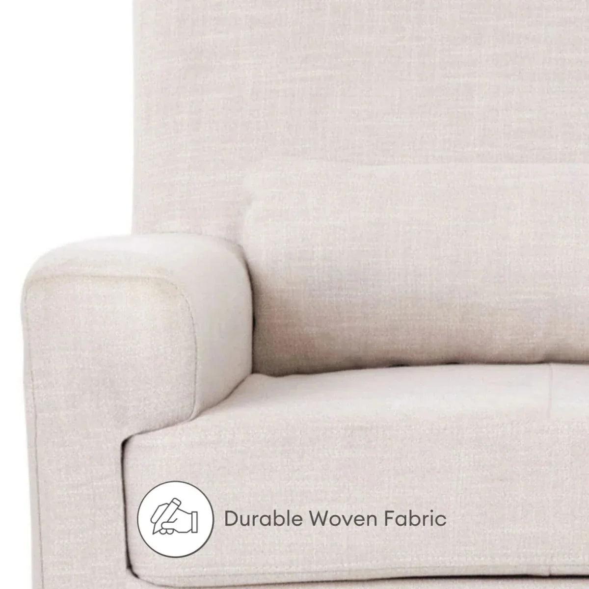 Oat woven fabric armrest and seat cushion on an upholstered rocking chair