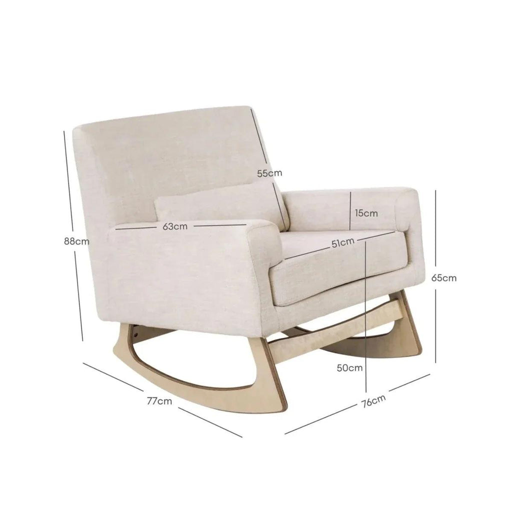 Oat upholstered rocking nursing chair with labeled measurements and curved base