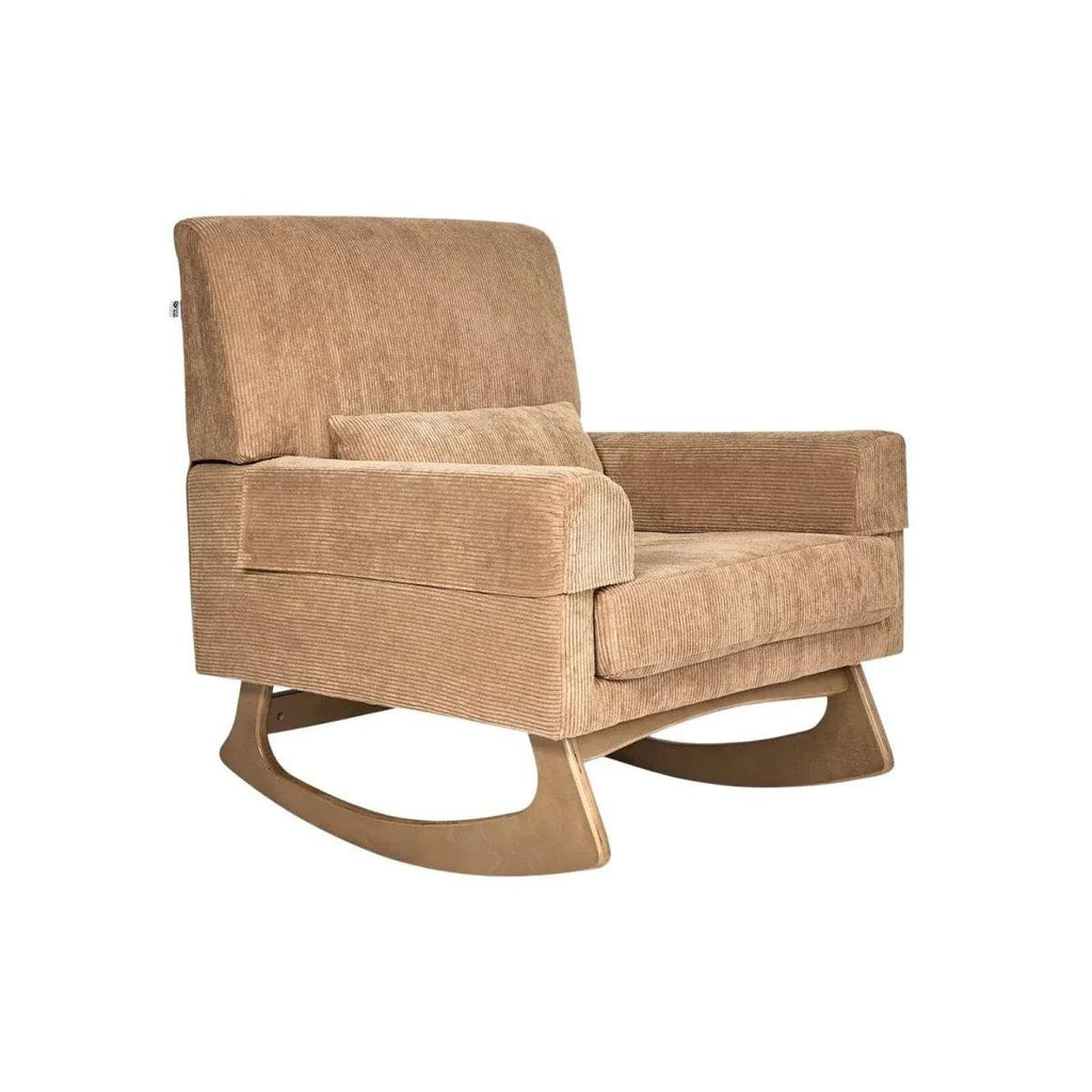 Caramel corduroy rocking nursing chair with wide arms and curved rocker base