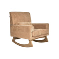 Caramel corduroy rocking nursing chair with wide arms and curved rocker base