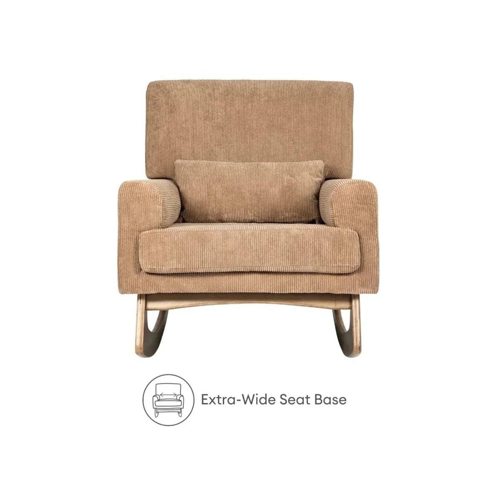 Caramel corduroy rocking nursing chair with extra-wide seat base and padded back