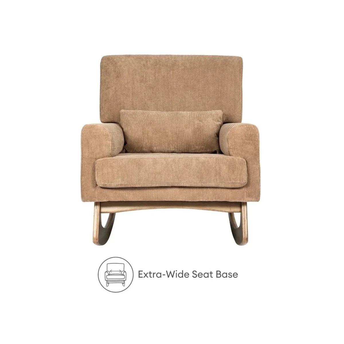 Caramel corduroy rocking nursing chair with extra-wide seat base and padded back