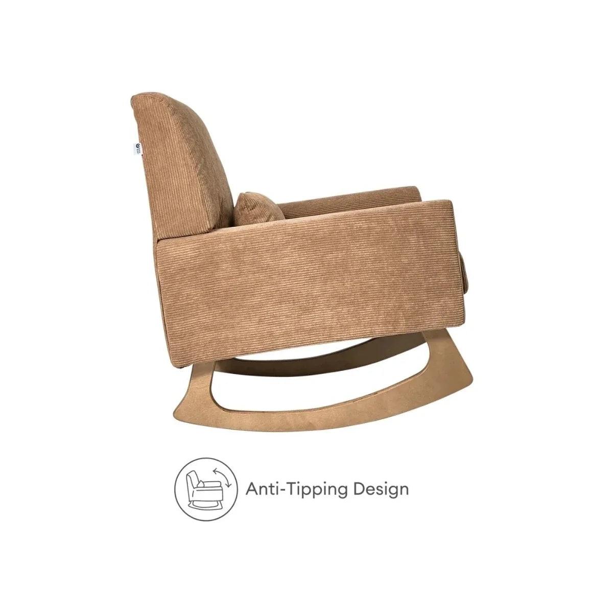 Caramel corduroy rocking nursing chair with anti-tipping design and curved rocker base
