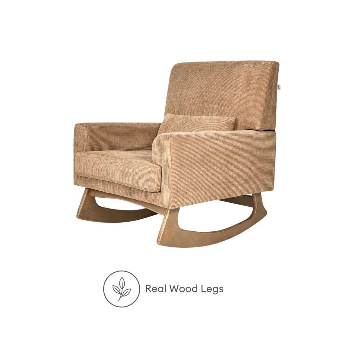 Caramel corduroy rocking nursing chair with real wood legs and cushioned arms