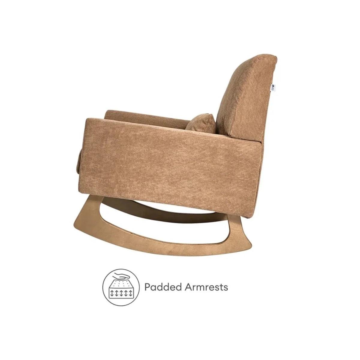 Caramel corduroy rocking nursing chair with padded armrests and curved rocker base