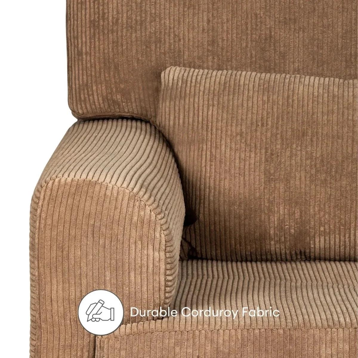 Close-up of caramel corduroy upholstery on rocking nursing chair arm and seat