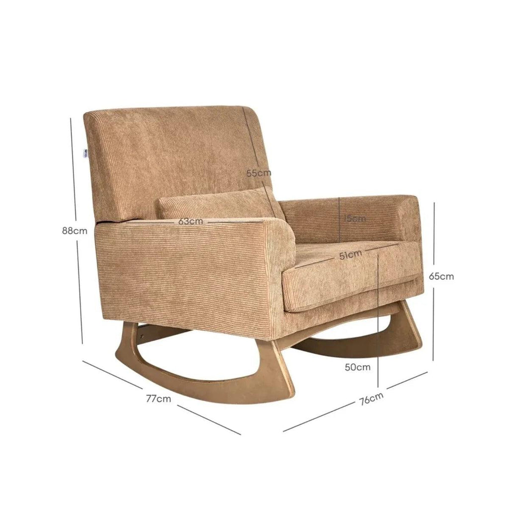 Caramel corduroy rocking nursing chair with dimension guide overlay