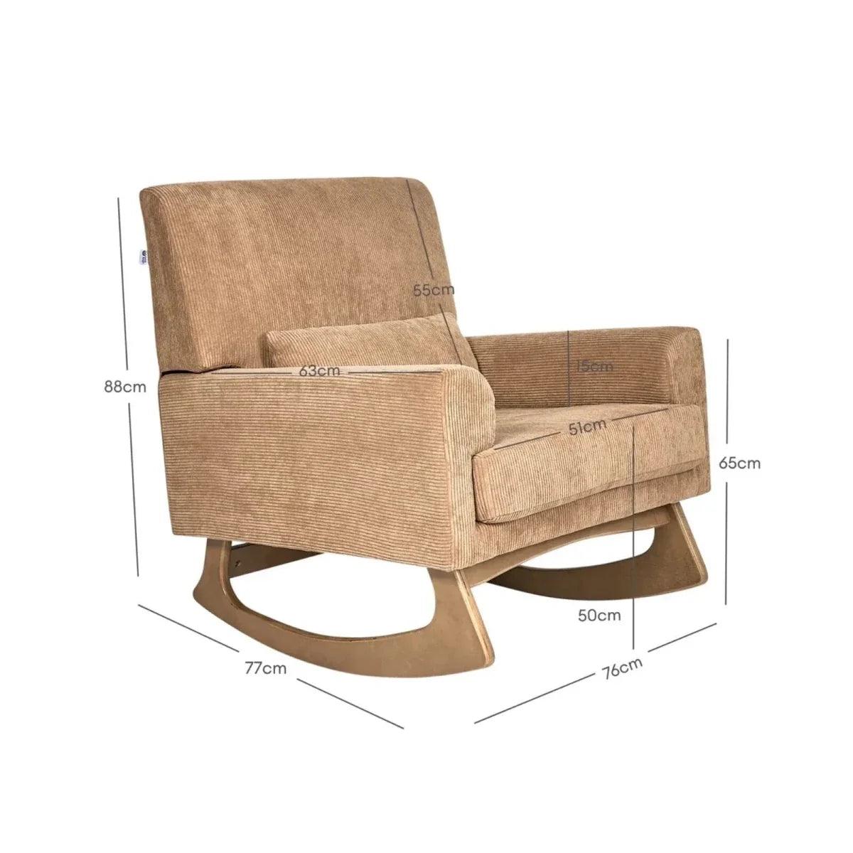 Caramel corduroy rocking nursing chair with dimension guide overlay