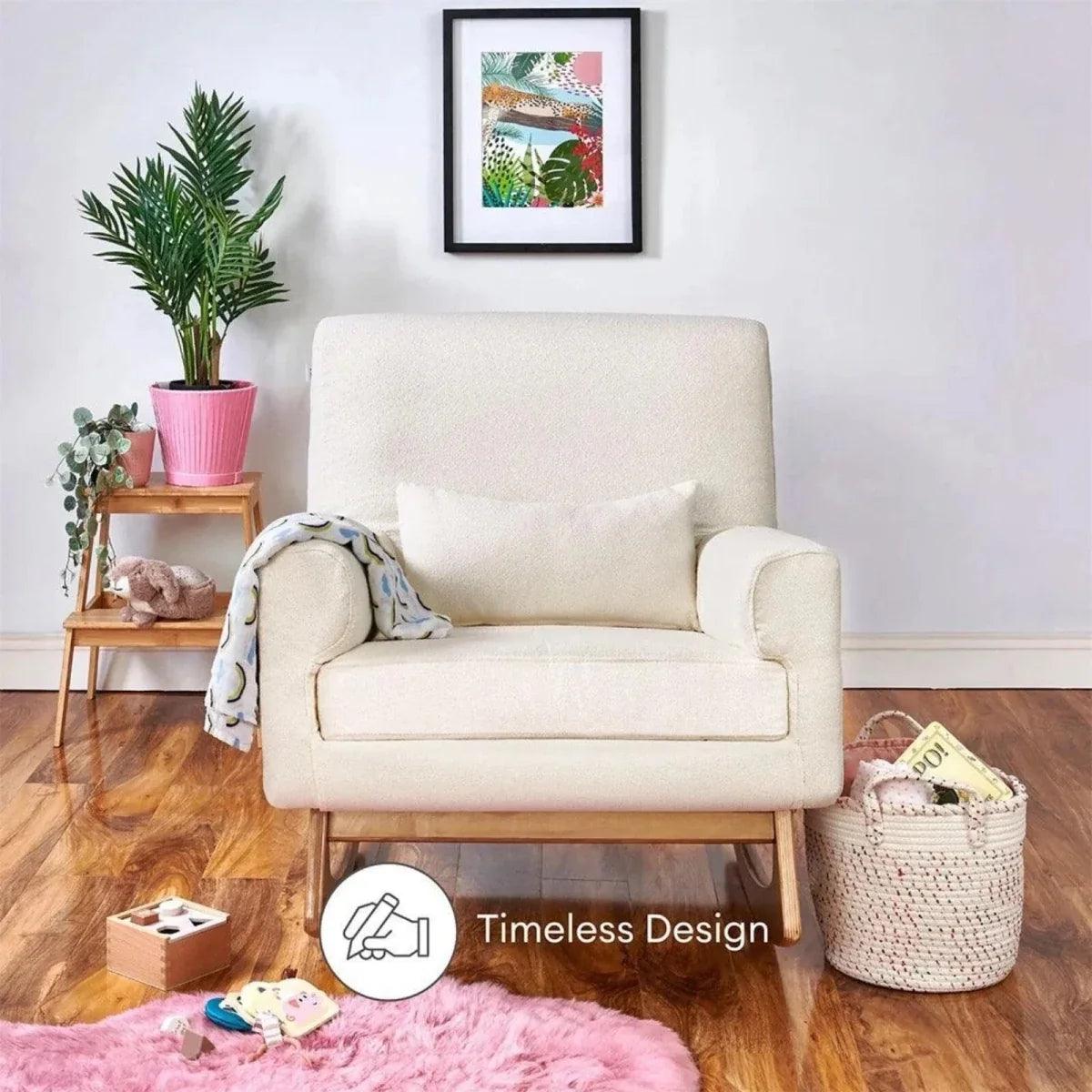 Chalk boucle baby rocking and nursing chair with beige seat cushion and curved base