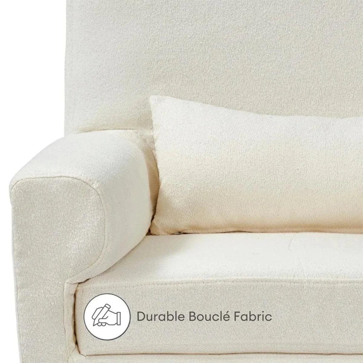 Chalk boucle baby rocking and nursing chair close-up of armrest and seat cushion