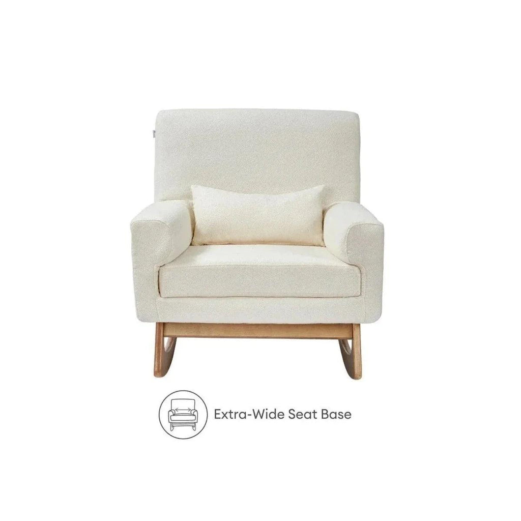 Chalk boucle baby rocking and nursing chair with wide seat and short curved legs