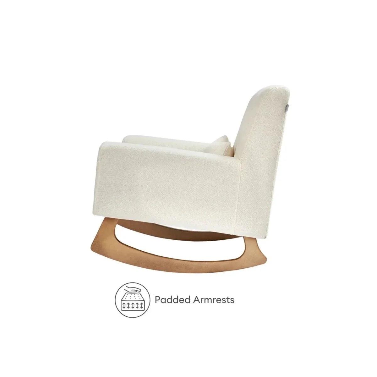 Chalk boucle baby rocking and nursing chair with padded armrests and curved rocker base