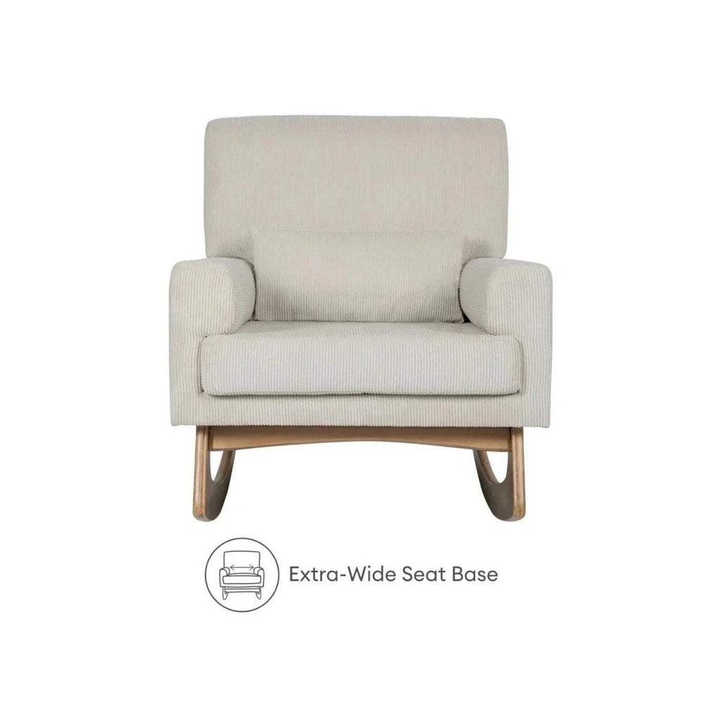 Ecru upholstered nursing chair with wide seat, tall backrest, and tapered wooden legs