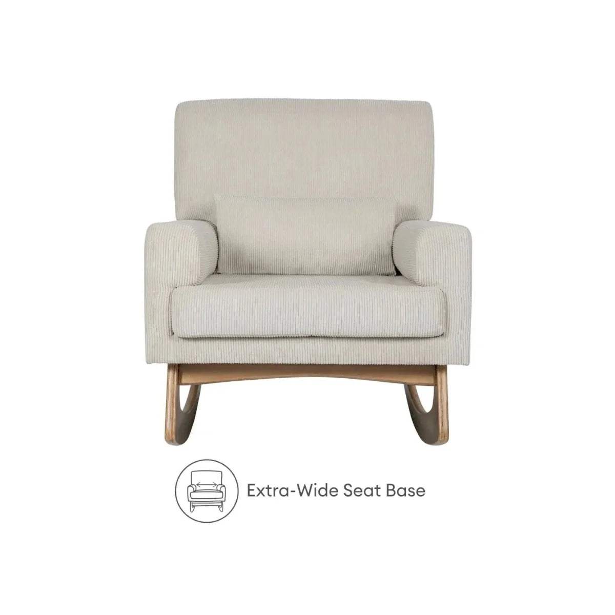 Ecru upholstered nursing chair with wide seat, tall backrest, and tapered wooden legs