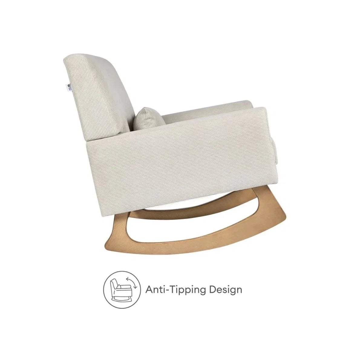Side view of ecru rocking nursing chair with padded armrest, backrest, and wooden rocker base