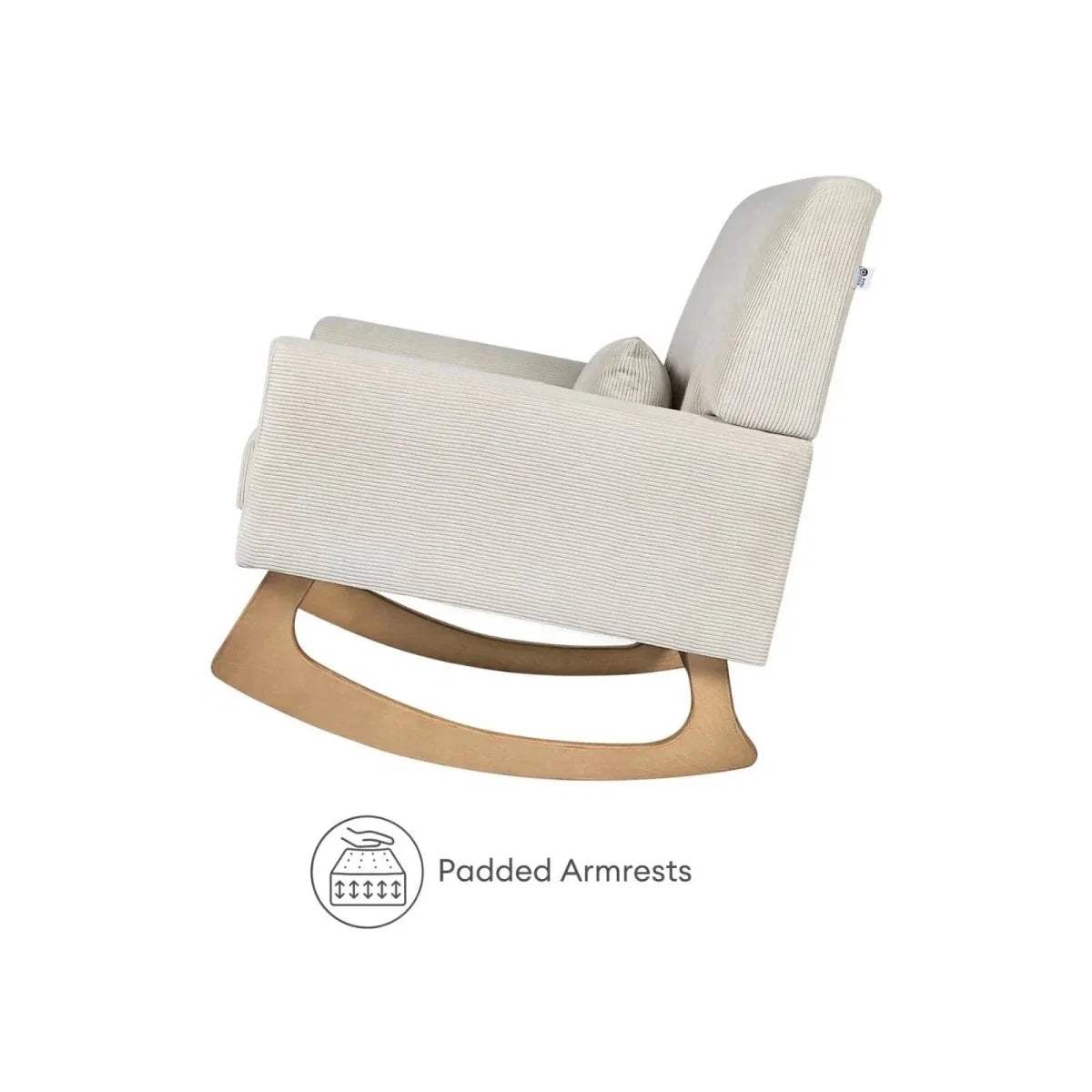 Close side view of ecru rocking nursing chair with padded armrests and curved rocker base