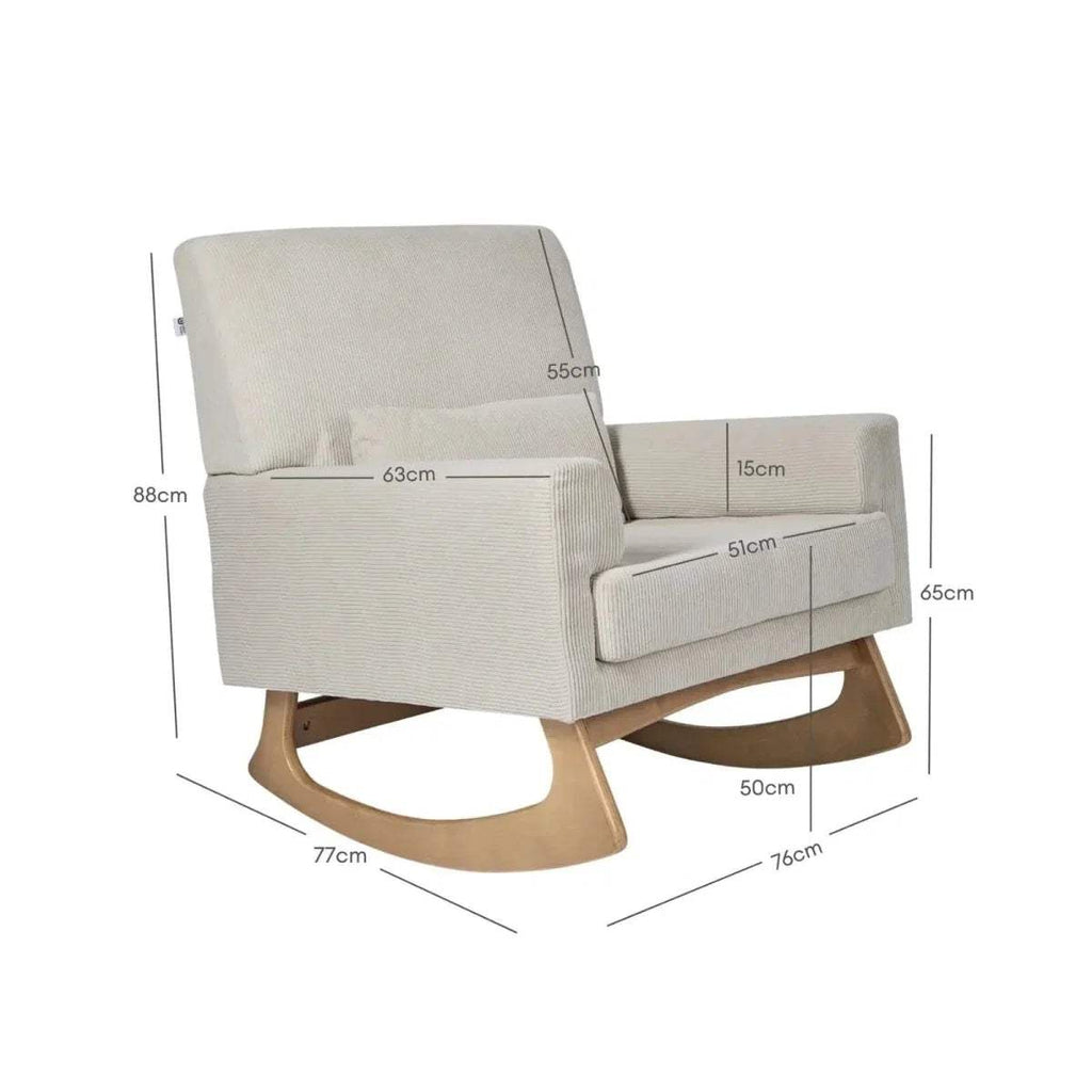 Ecru rocking nursing chair shown with measurement lines for seat and armrest spacing