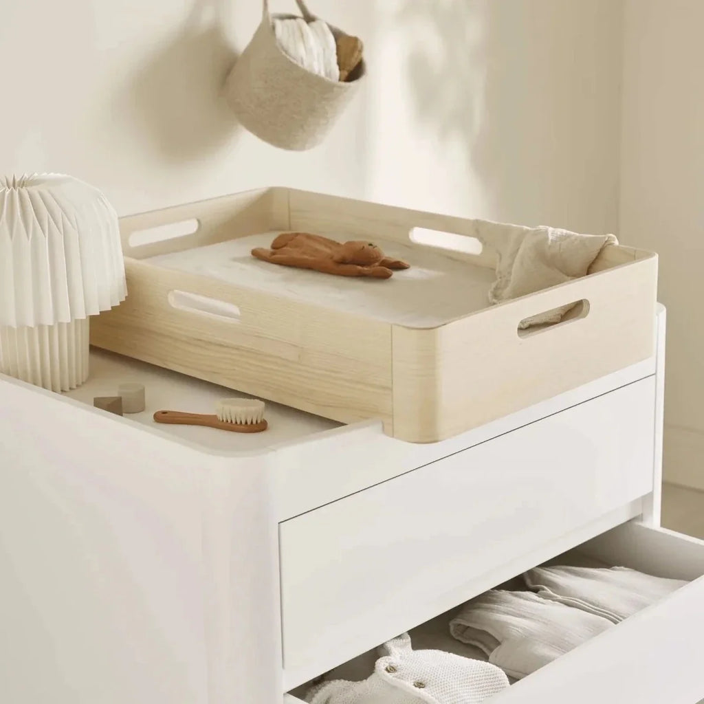Convertible baby dresser with changing top and three storage drawers, white and wood