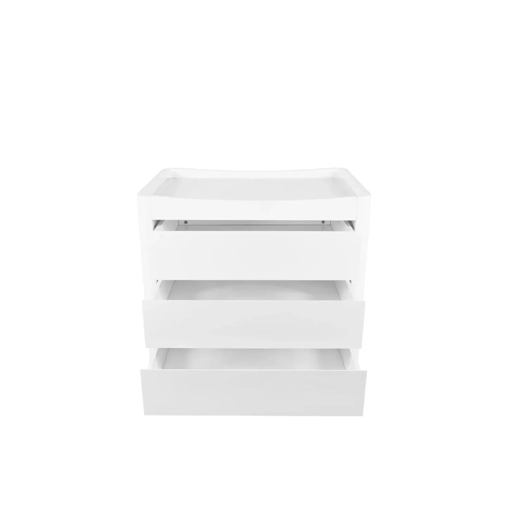 White changing dresser with open shelves and natural wood legs, front view