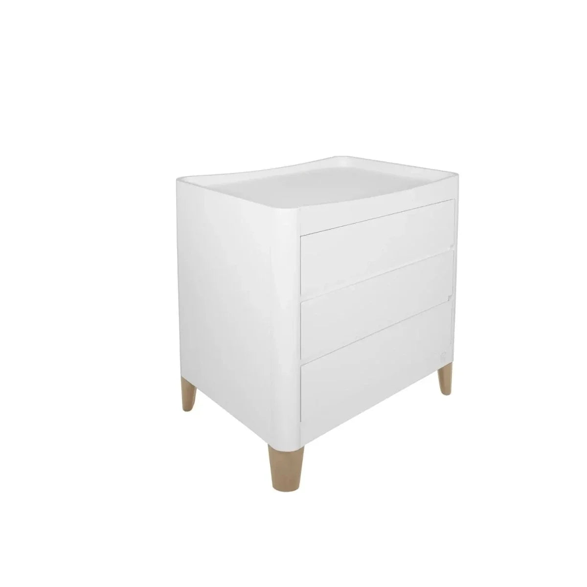 White baby dresser with two drawers and changing top, natural wood feet