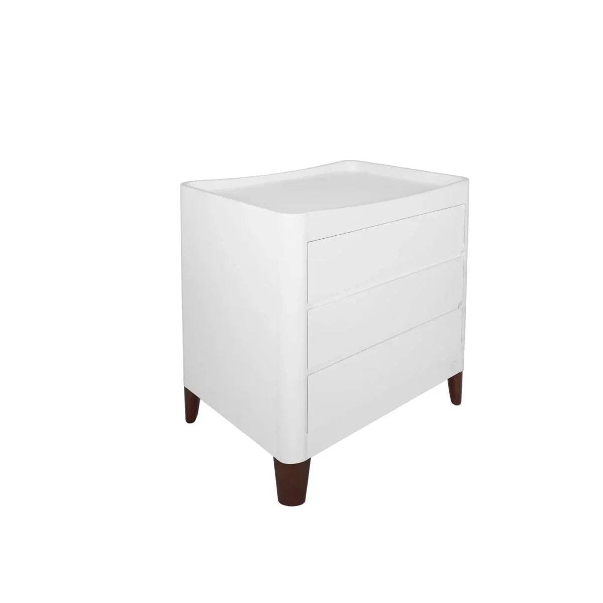 White baby dresser side view with drawers and walnut legs