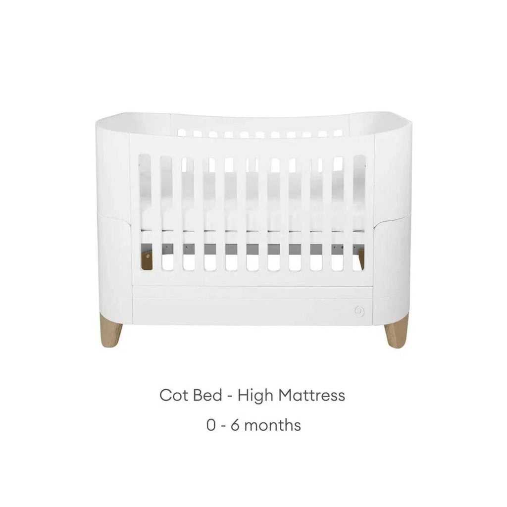 White cot bed front with vertical slat guard and adjustable side frame