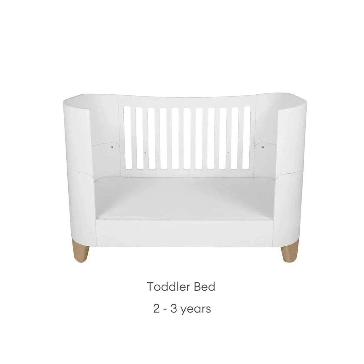 White toddler bed with curved sides and open front