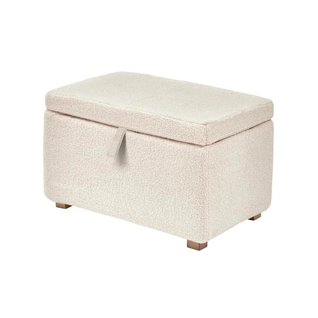 Light beige boucle fabric storage footstool with hinged lid and tapered legs