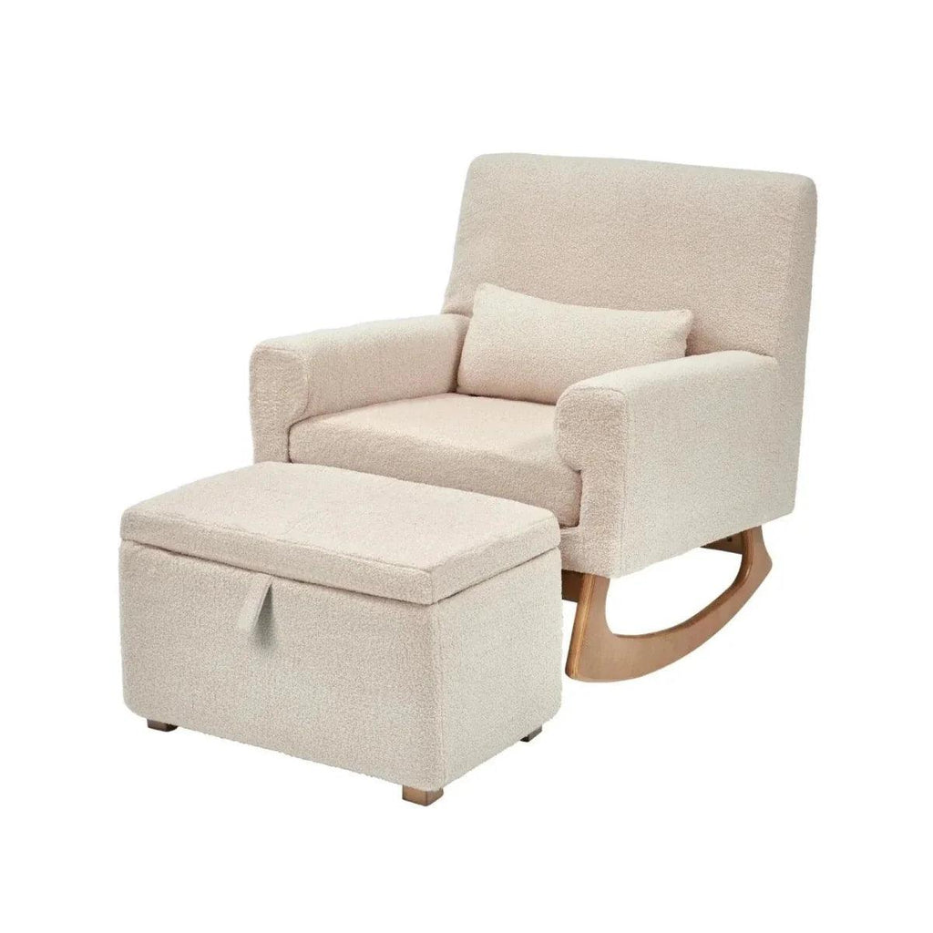 Light beige boucle upholstered ottoman footstool with hinged seat and wooden base