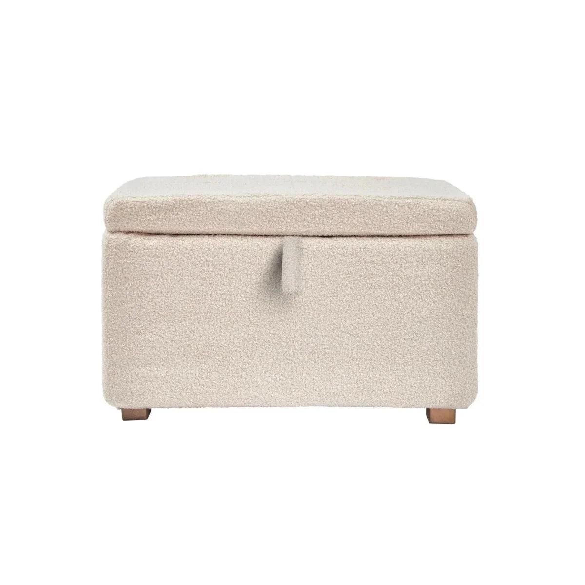 Beige boucle upholstered footstool with smooth hinged lid and wooden feet