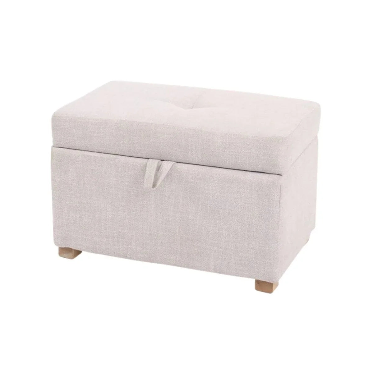 Baby footstool in oat fabric with hinged lid and short wooden legs