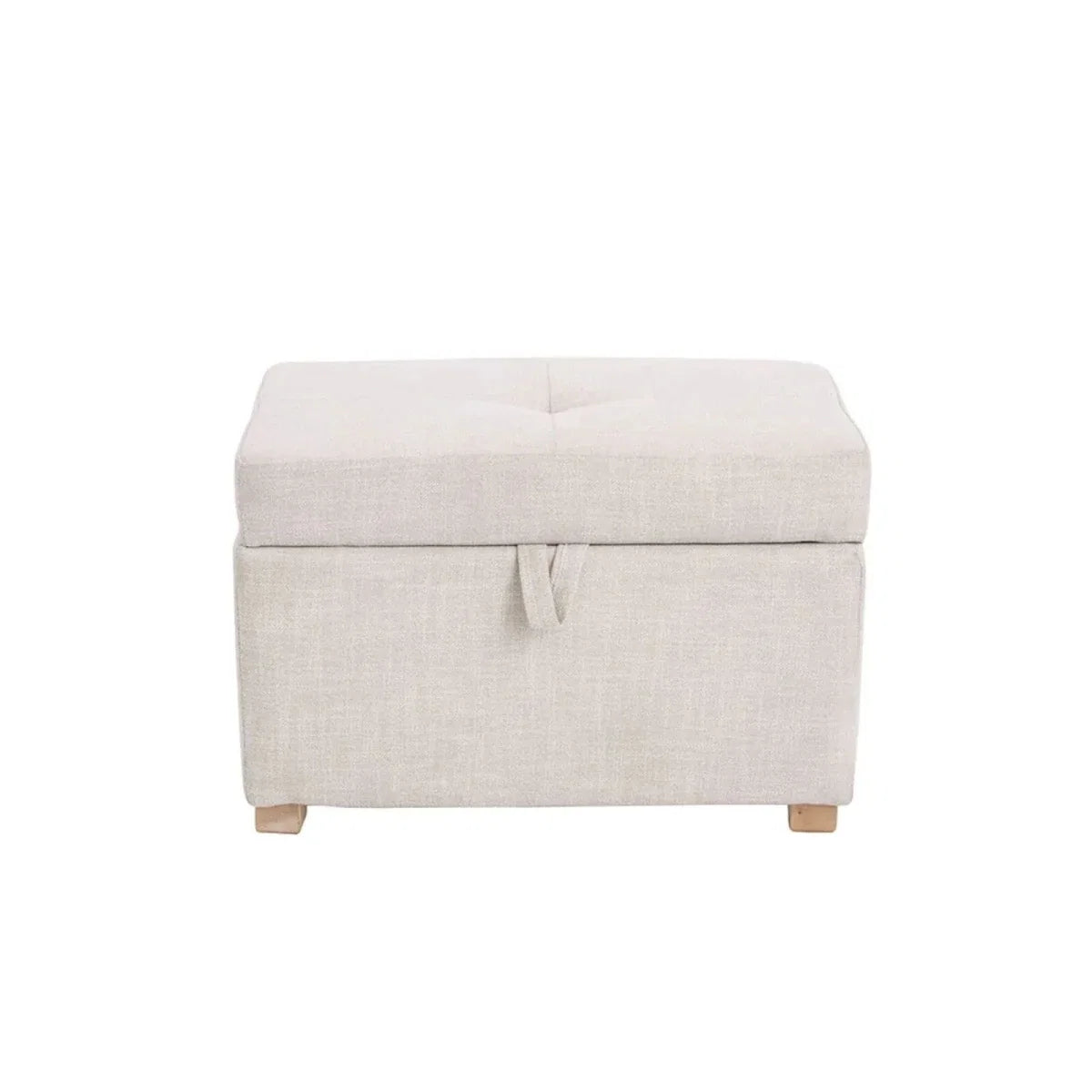 Oat fabric baby footstool with padded top and hinged lid, visible front seam