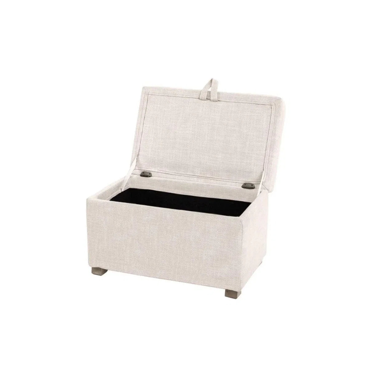 Oat fabric baby footstool with open hinged lid and dark interior lining