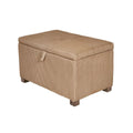Caramel corduroy baby footstool with square padded top, front pull handle, and wooden legs.