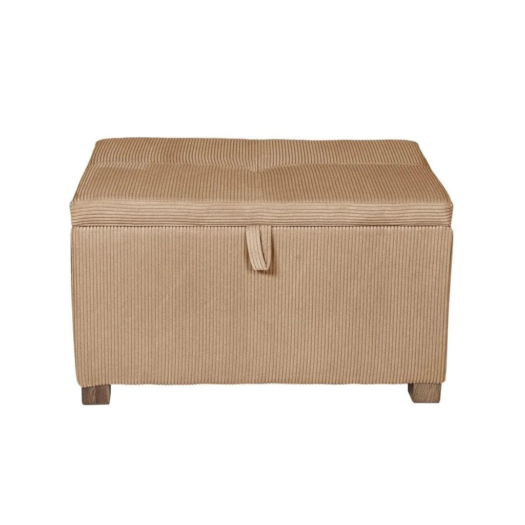 Caramel corduroy footstool with square padded seat, front pull handle, and tapered wooden legs.