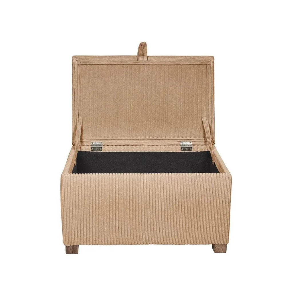 Caramel corduroy storage footstool with hinged lid open, dark interior, and wooden feet.