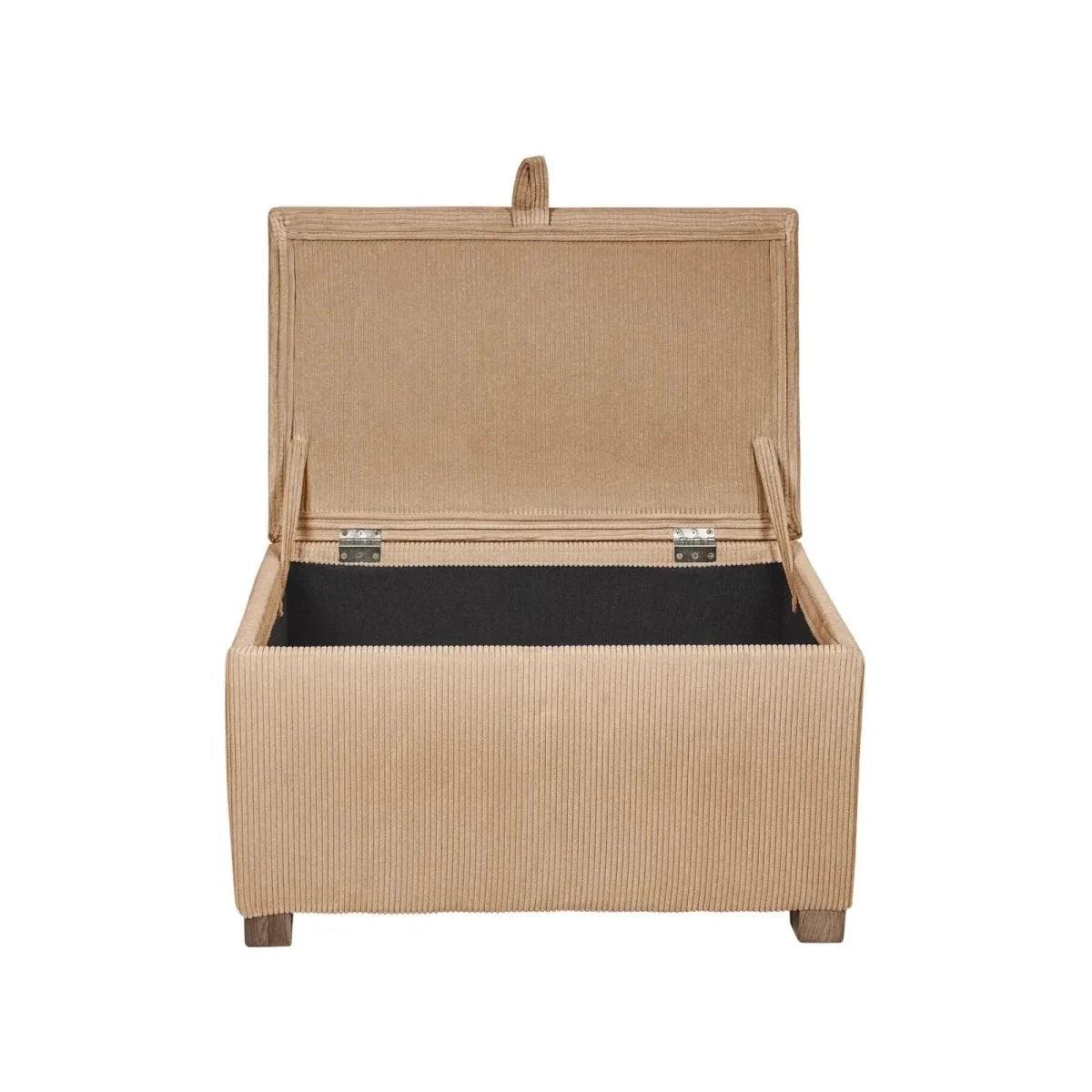 Caramel corduroy storage footstool with hinged lid open, dark interior, and wooden feet.