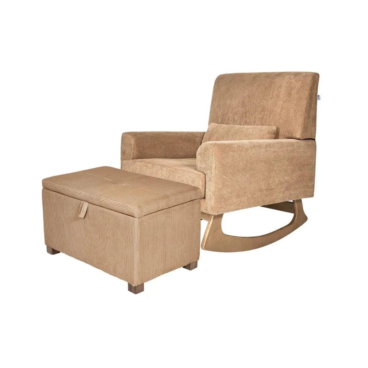 Caramel corduroy footstool with square padded top and front pull handle, matching seating.
