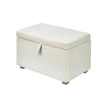 Baby footstool in chalk boucle with padded top, side fabric tab, and wooden legs