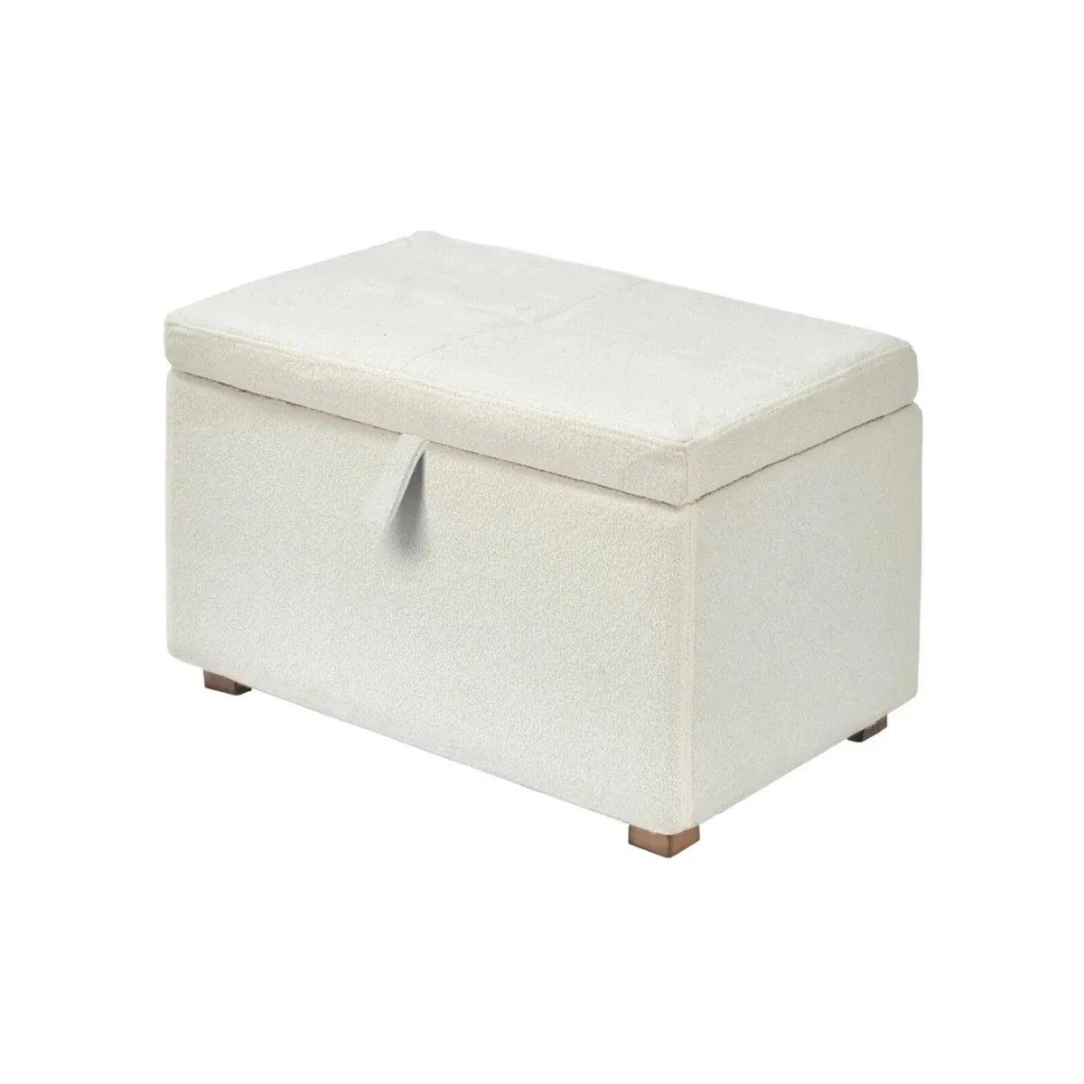 Baby footstool in chalk boucle with padded top, side fabric tab, and wooden legs