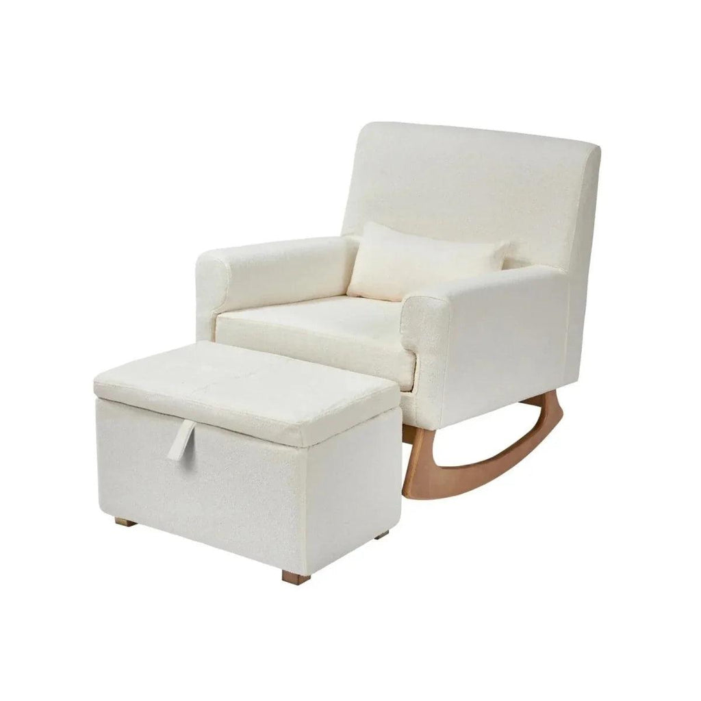 Chalk boucle baby footstool with lift lid and curved wooden base