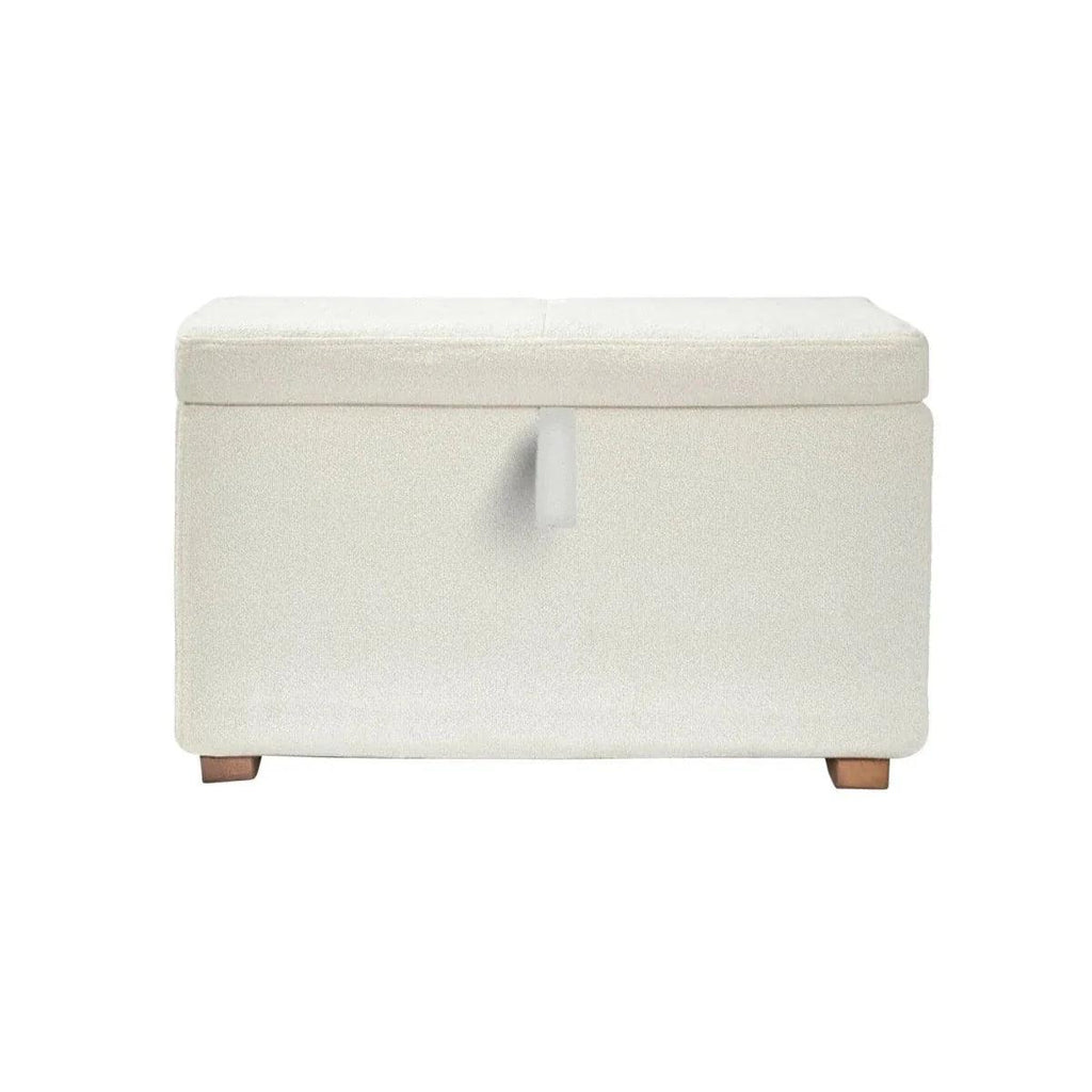 Chalk boucle baby footstool with padded lid, side fabric tab, and four wooden feet