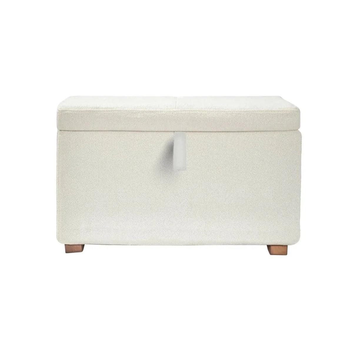 Chalk boucle baby footstool with padded lid, side fabric tab, and four wooden feet