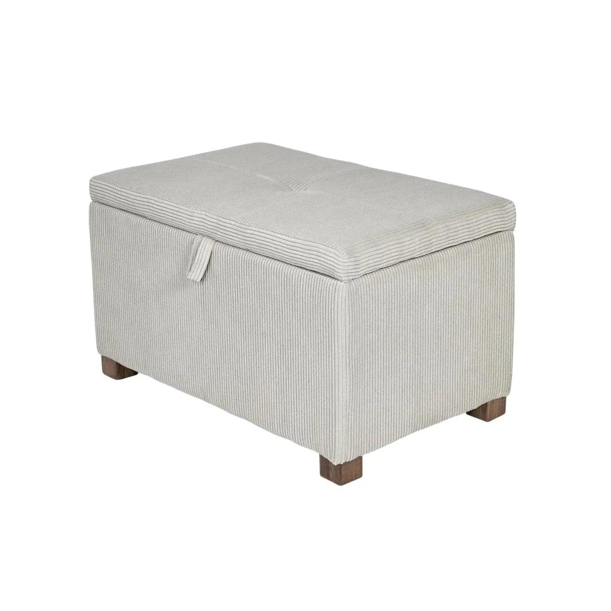 Ecru corduroy baby footstool with square cushioned lid and dark wooden feet