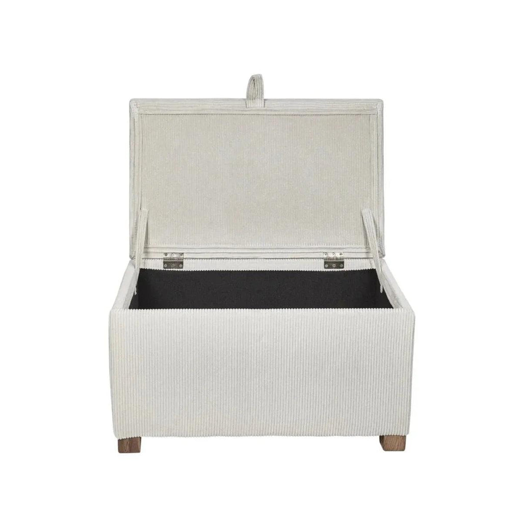 Ecru corduroy baby footstool with open lid and storage compartment