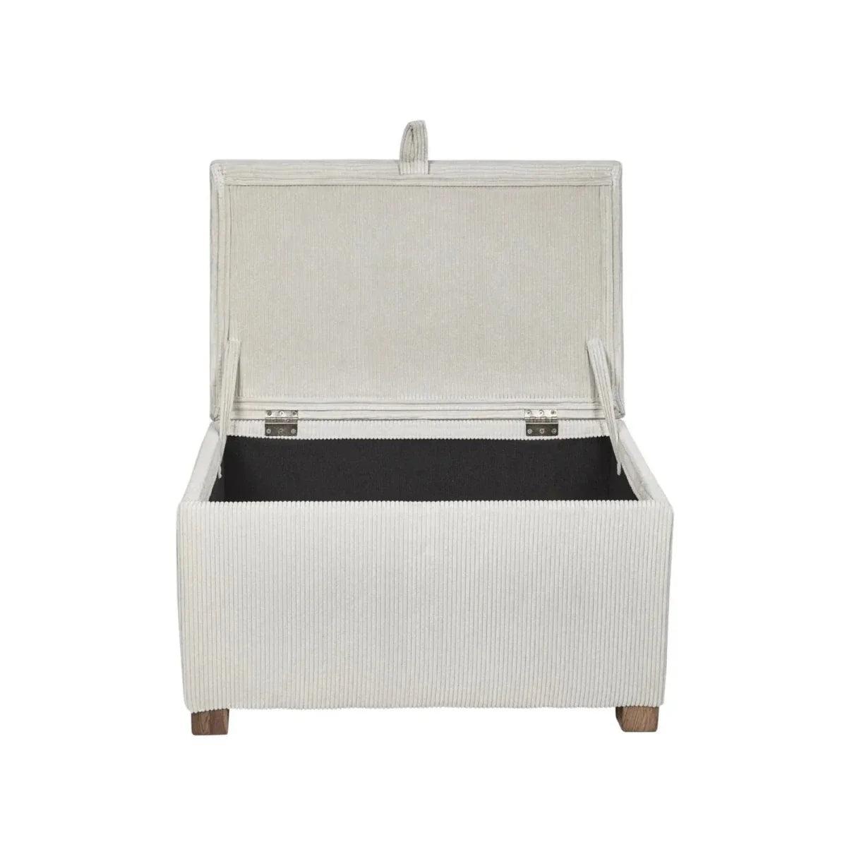 Ecru corduroy baby footstool with open lid and storage compartment