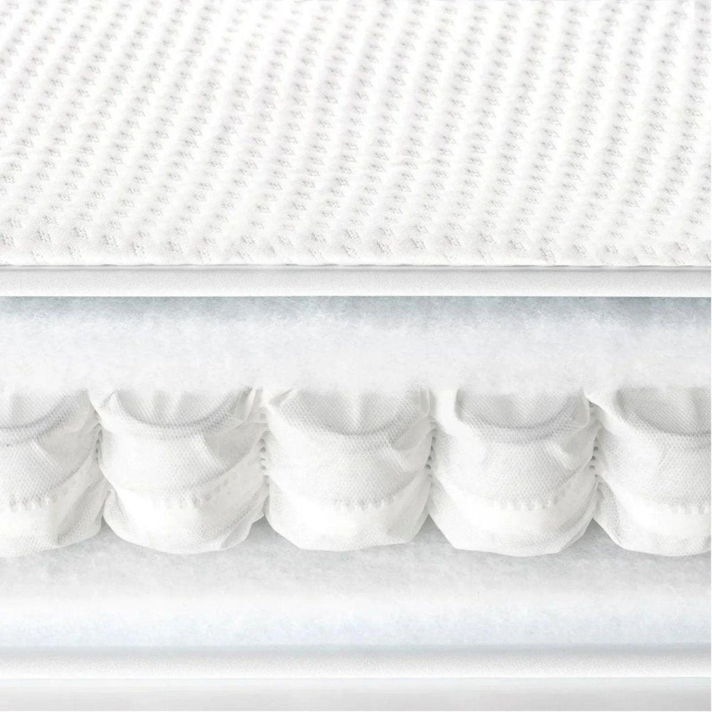 White fitted mattress edge with pleated skirt and elastic trim detail
