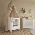 Baby mini cot and dresser room set in white with natural accents
