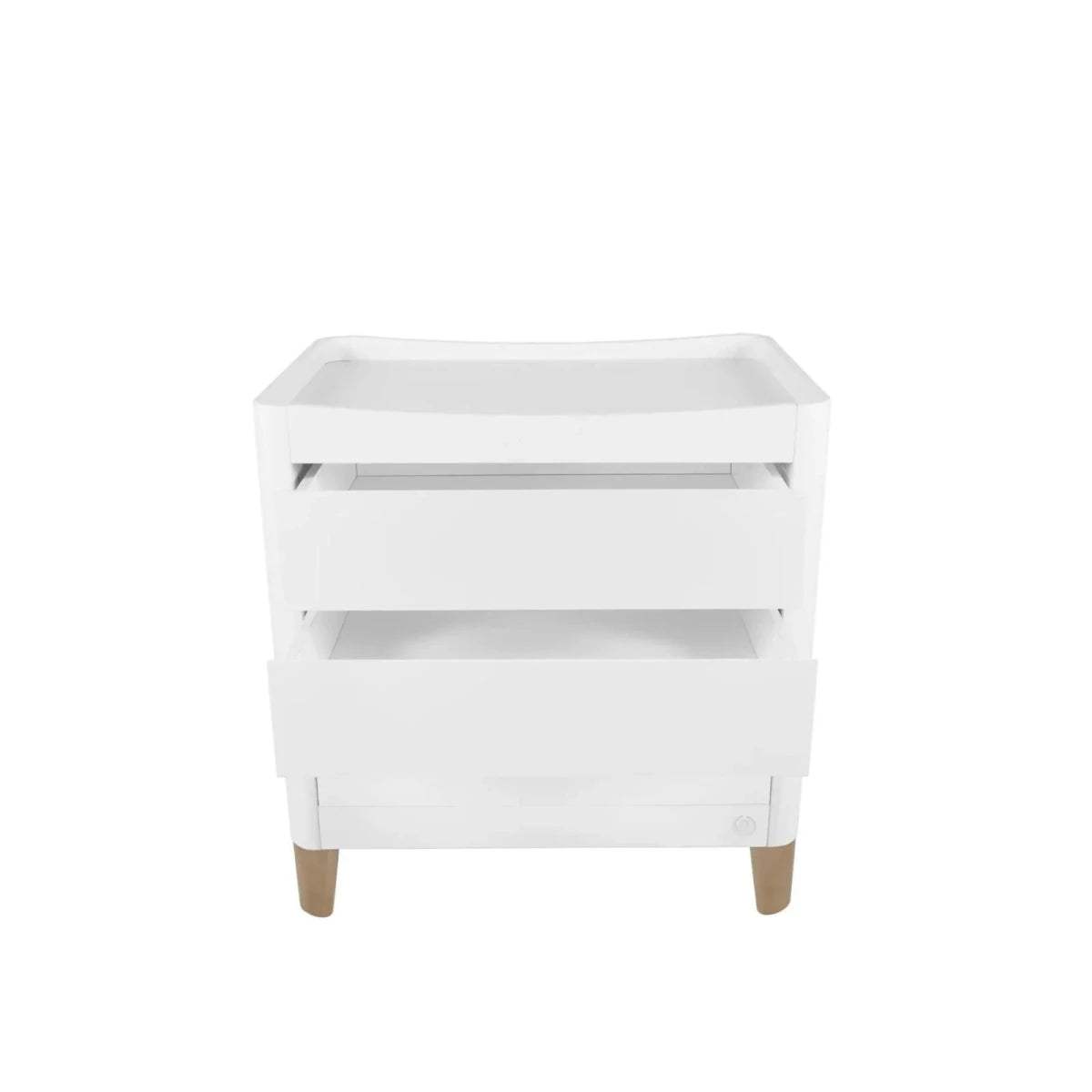 White baby mini cot with open sides and natural wooden legs